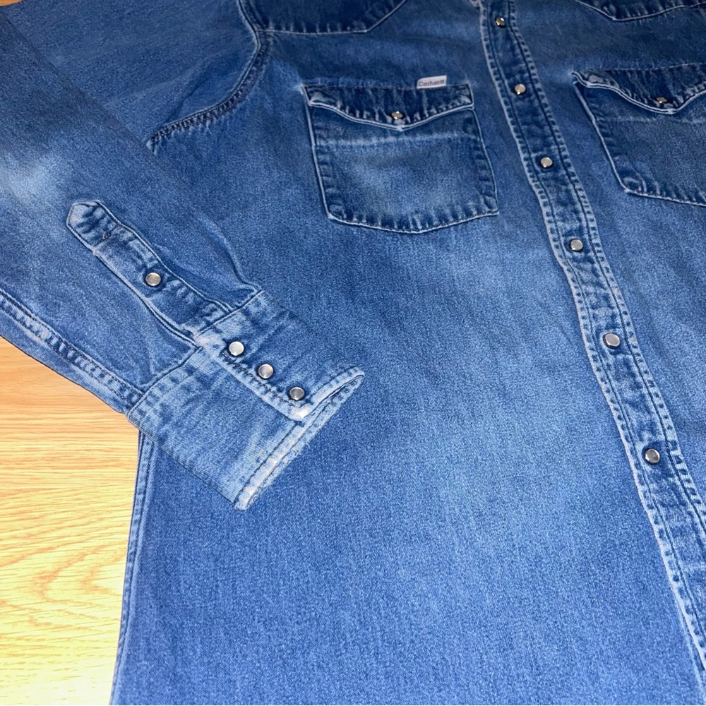 Vintage Carhartt Denim Shirt Men’s 17 1/2 x 35 Pearl Snap Distressed S02 - Picture 3 of 10